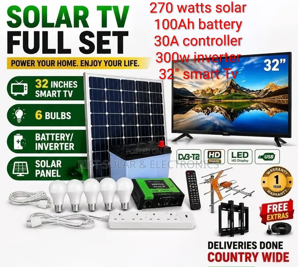 270W Solar - 100Ah Battery - 30A Controller - 32" Smart TV - Inverter