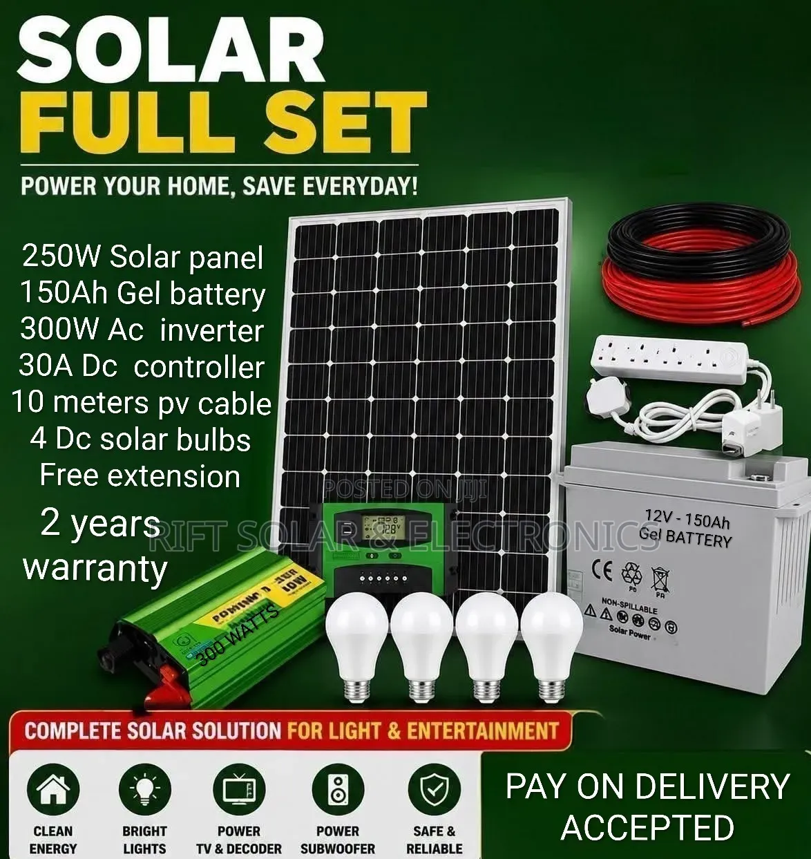 250W Solar - 150Ah Battery - 300w Inverter - 30A Controller