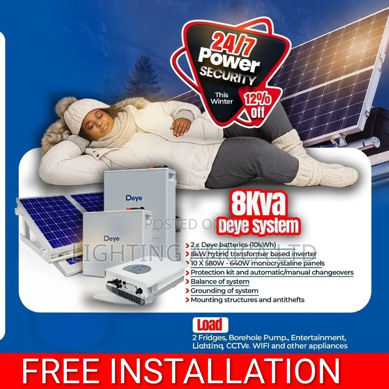 Deye 8kva Inverter -Deye 10kwh Lithium - (10)595W Solar Installation