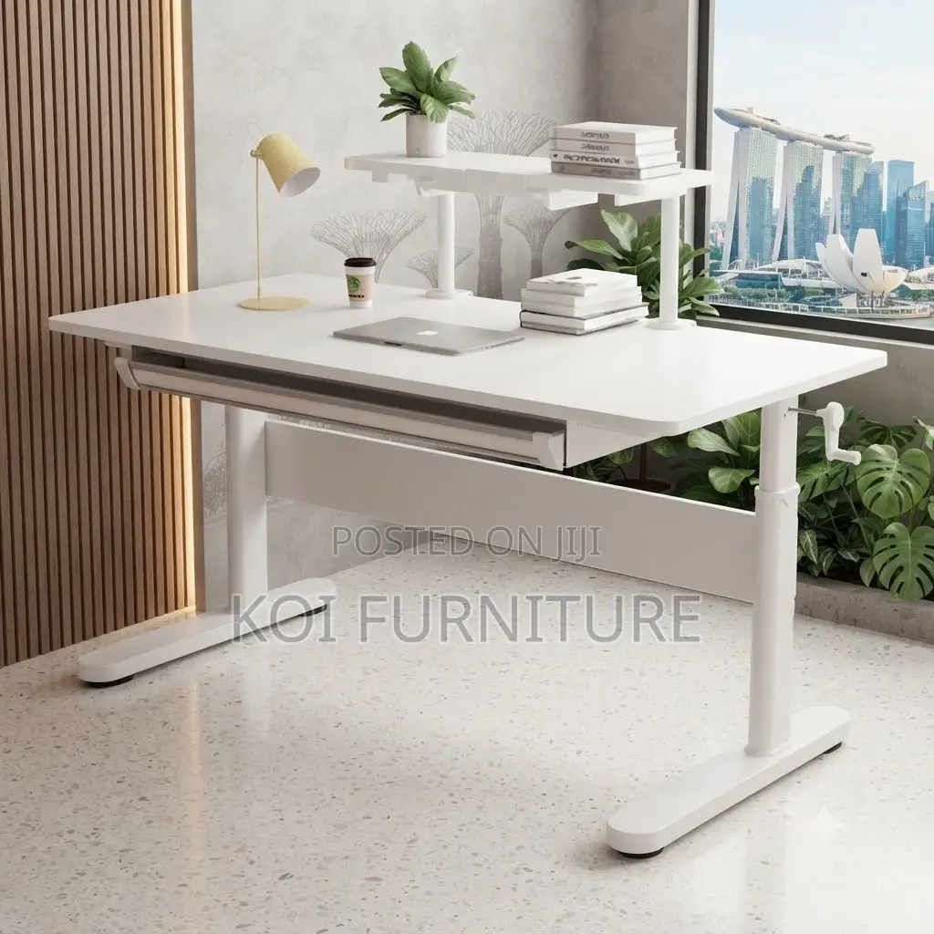 Office Desk; Long Height Manual Adjustable White Computer Desk