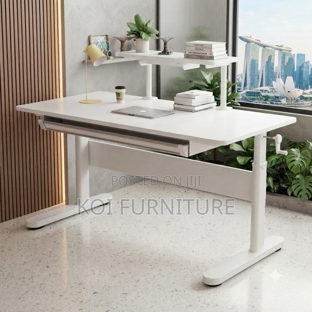 Office Desk; Long Height Manual Adjustable White Computer Desk - thumbnail 3