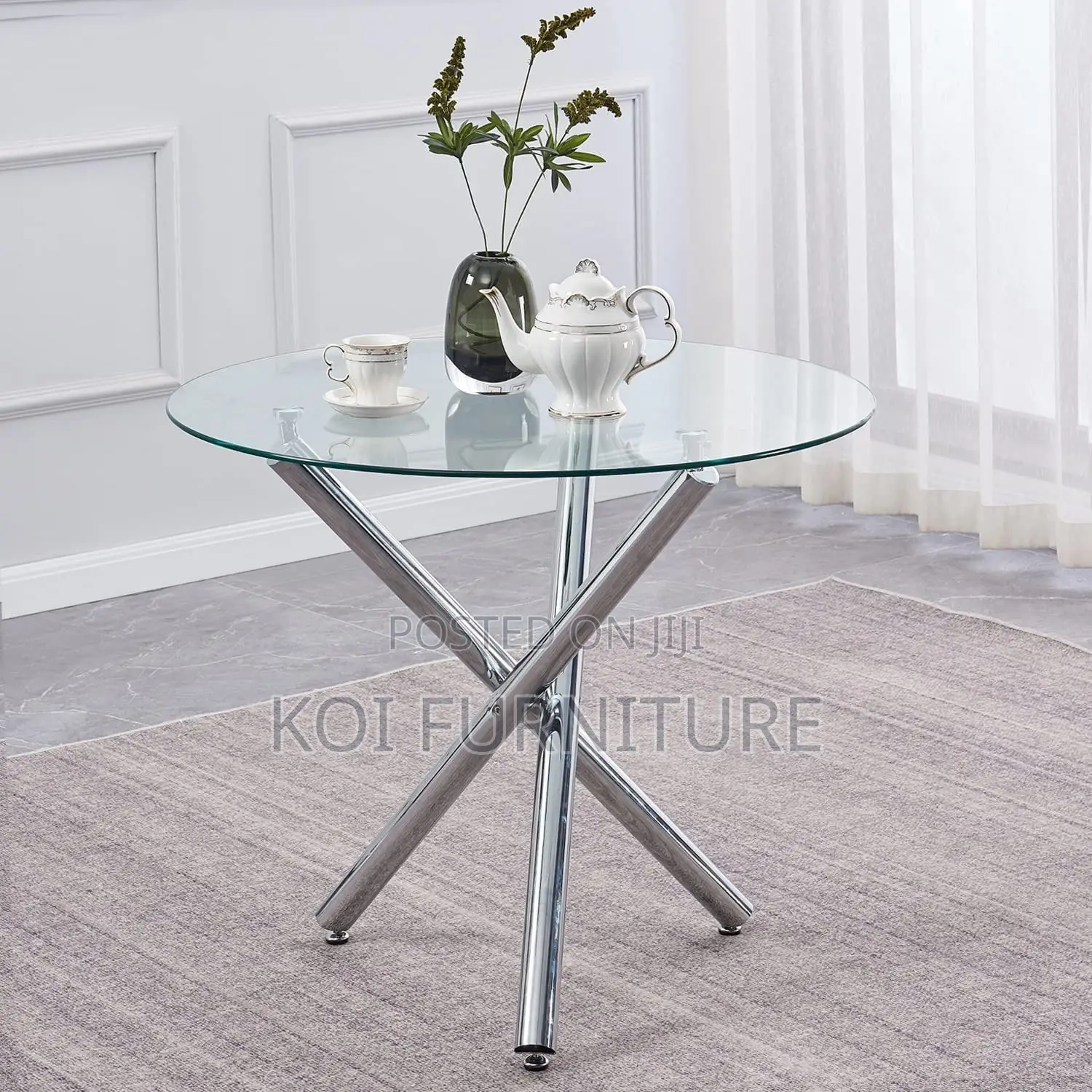 Dining Table; Round Glass Top Living Room Table With Metallic Legs