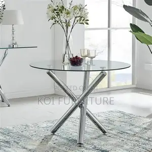 Dining Table; Round Glass Top Living Room Table With Metallic Legs