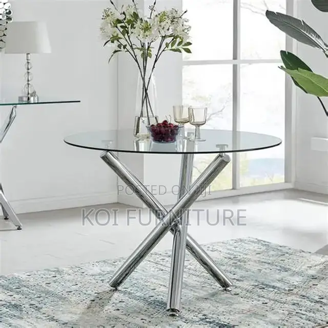 Dining Table; Round Glass Top Living Room Table With Metallic Legs