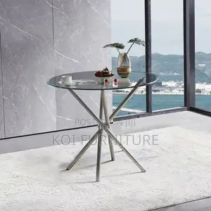 Dining Table; Round Glass Top Living Room Table With Metallic Legs