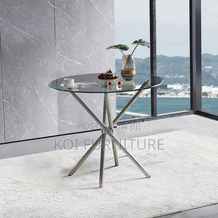 Dining Table; Round Glass Top Living Room Table With Metallic Legs
