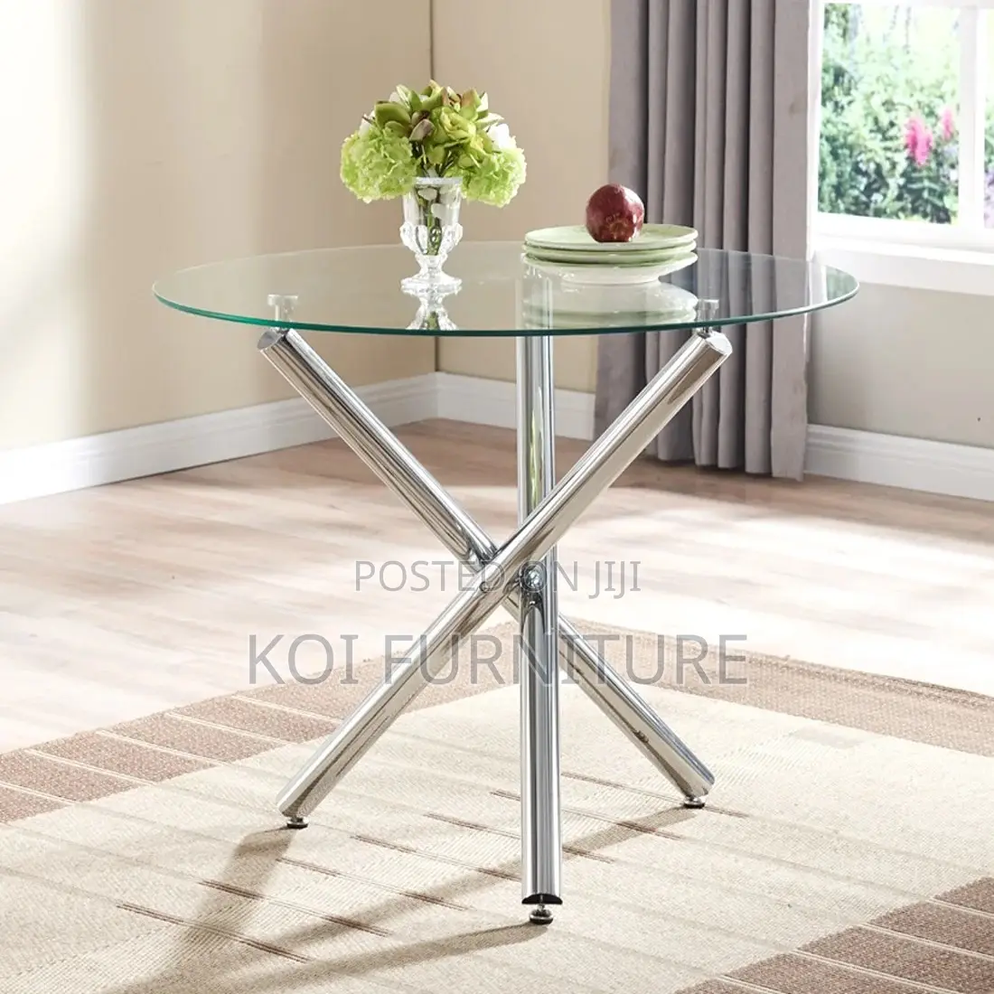 Dining Table; Round Glass Top Living Room Table With Metallic Legs