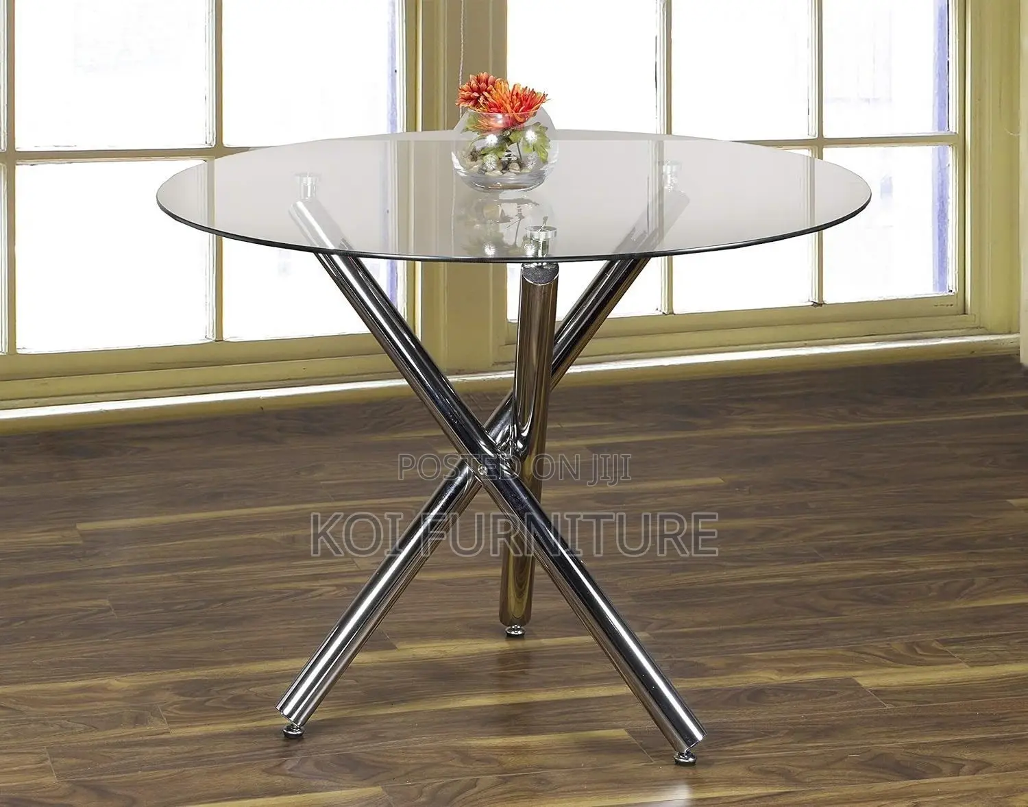 Dining Table; Round Glass Top Living Room Table With Metallic Legs