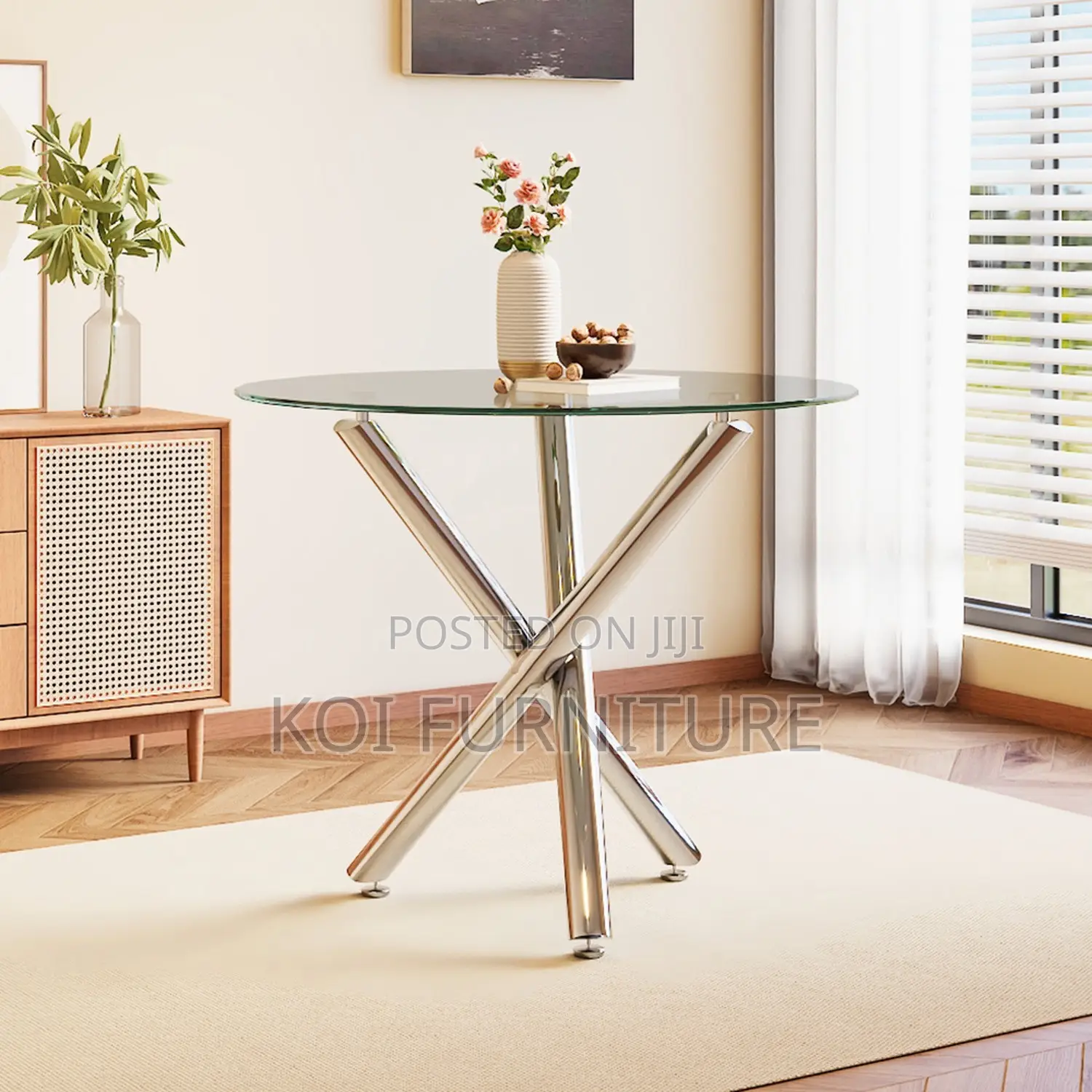 Dining Table; Round Glass Top Living Room Table With Metallic Legs