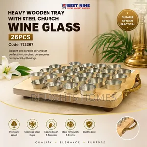Heavy Wooden Tray With Steel Church Wine Glass – 26pcs-B