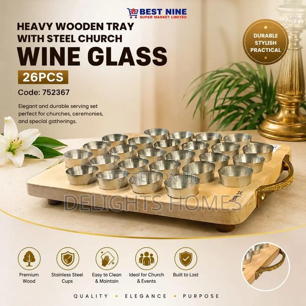 Heavy Wooden Tray With Steel Church Wine Glass – 26pcs-B