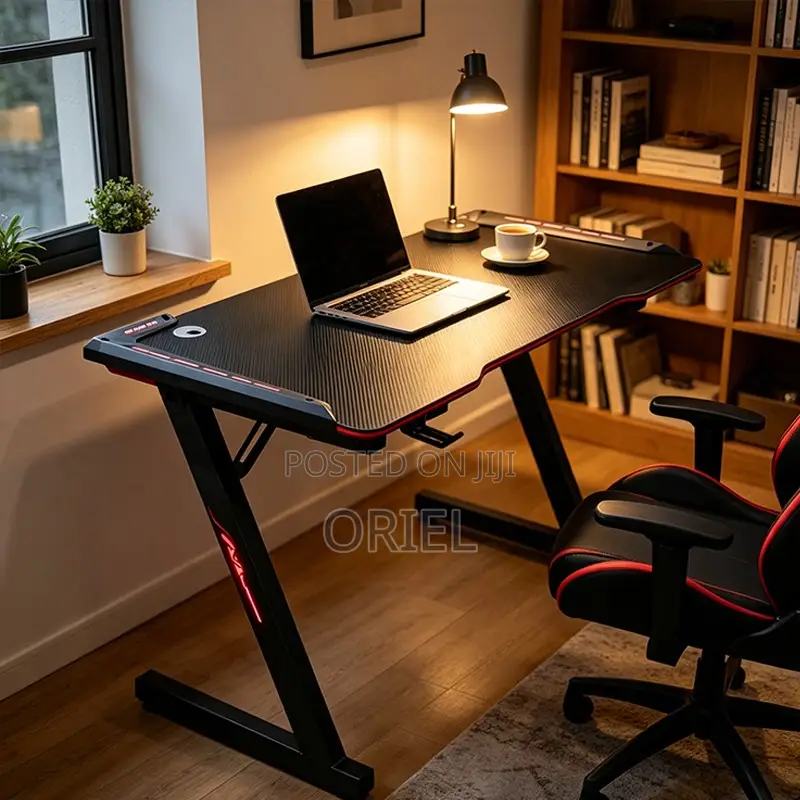 Office Desk : LED 140cm Modern Black Gaming Desk