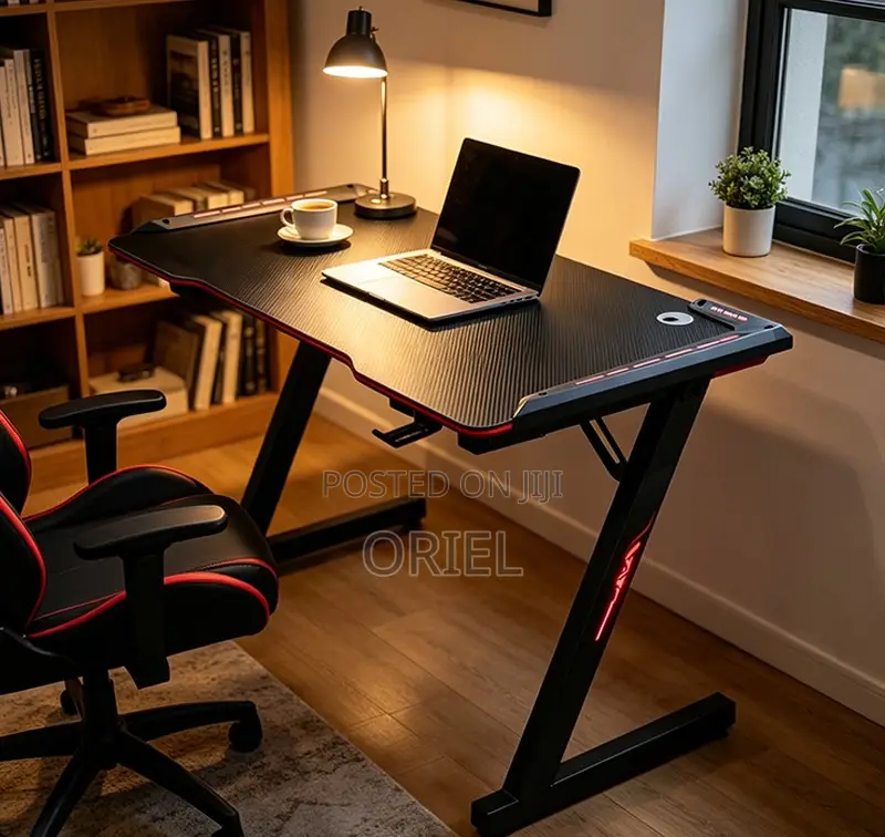 Office Desk : LED 140cm Modern Black Gaming Desk