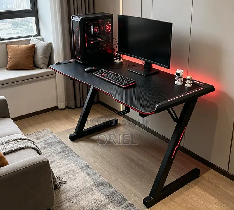 Office Desk : LED 140cm Modern Black Gaming Desk