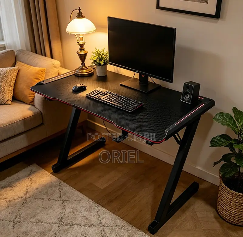 Office Desk : LED 140cm Modern Black Gaming Desk