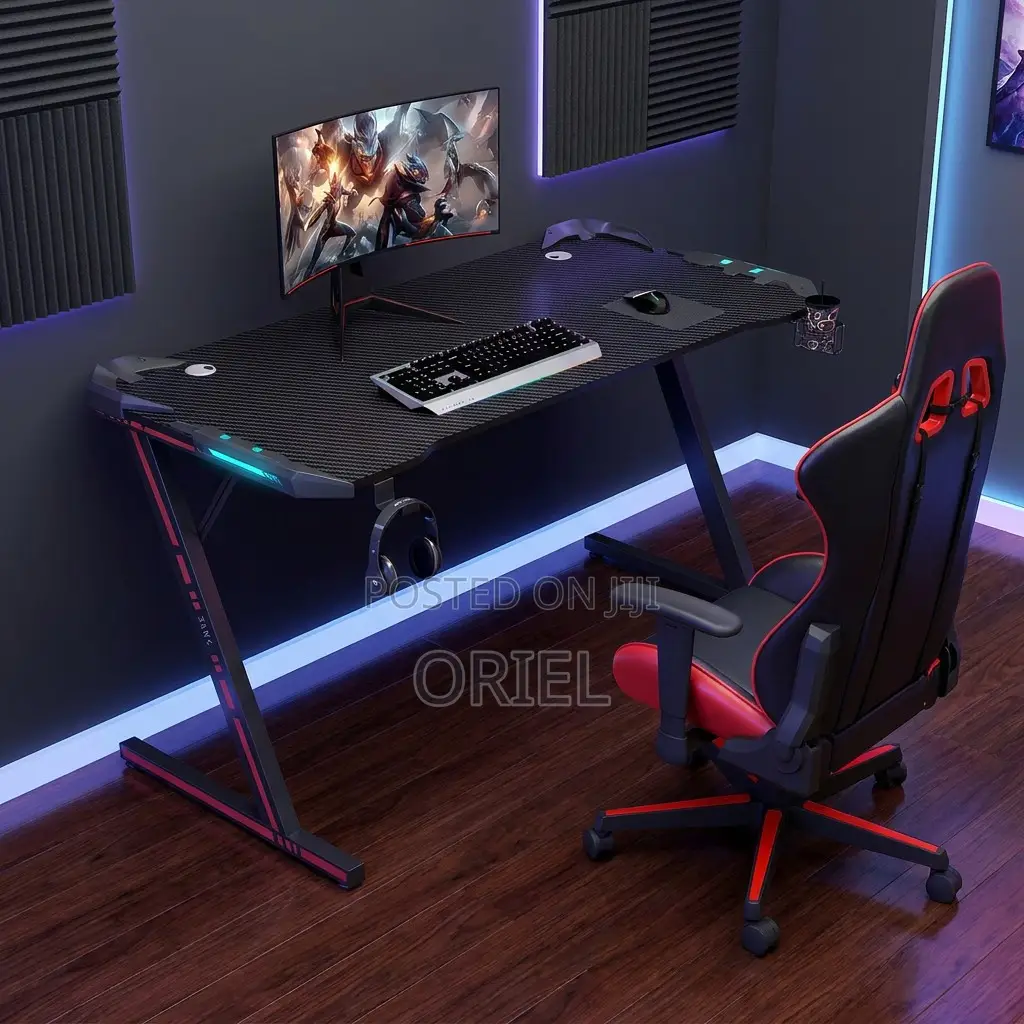 Office Desk : LED 140cm Modern Black Gaming Desk