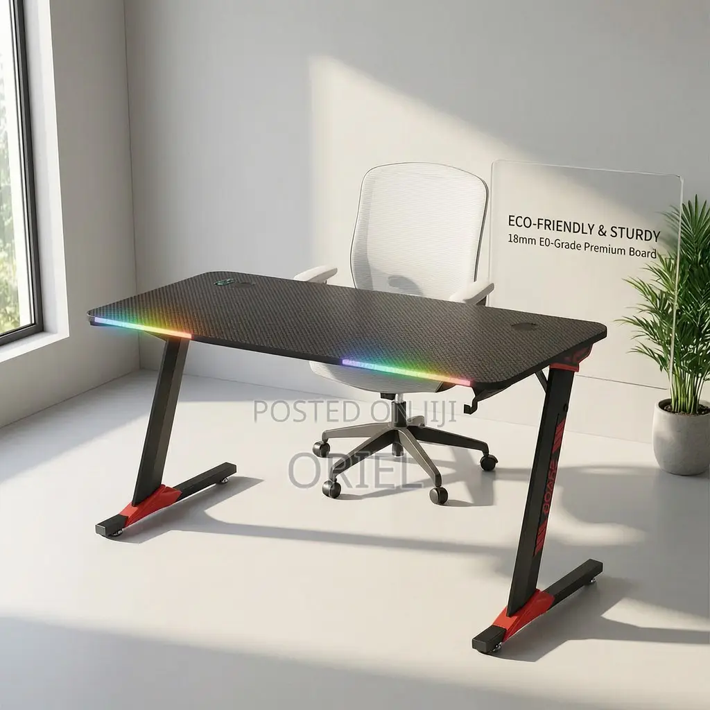 Office Desk : LED 140cm Modern Black Gaming Desk