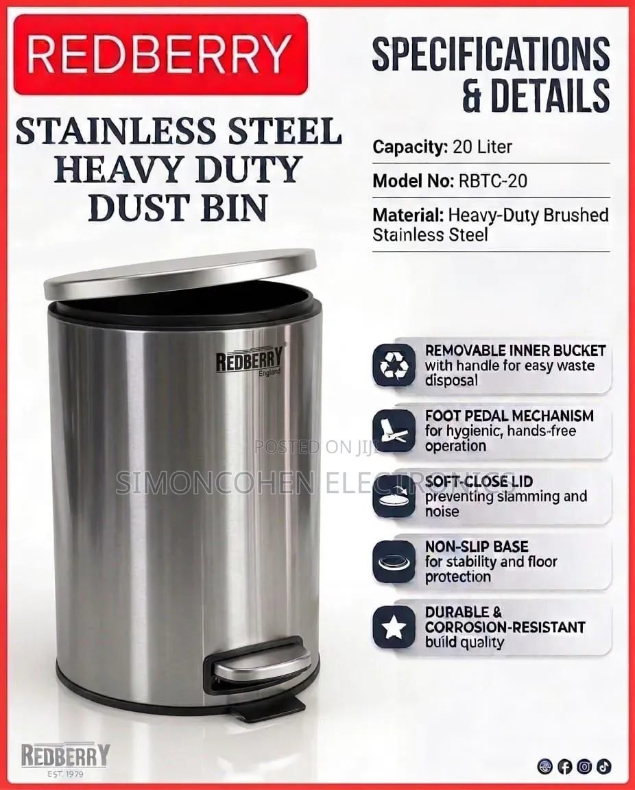 Redberry 20L Stainless Steel Pedal Dustbin