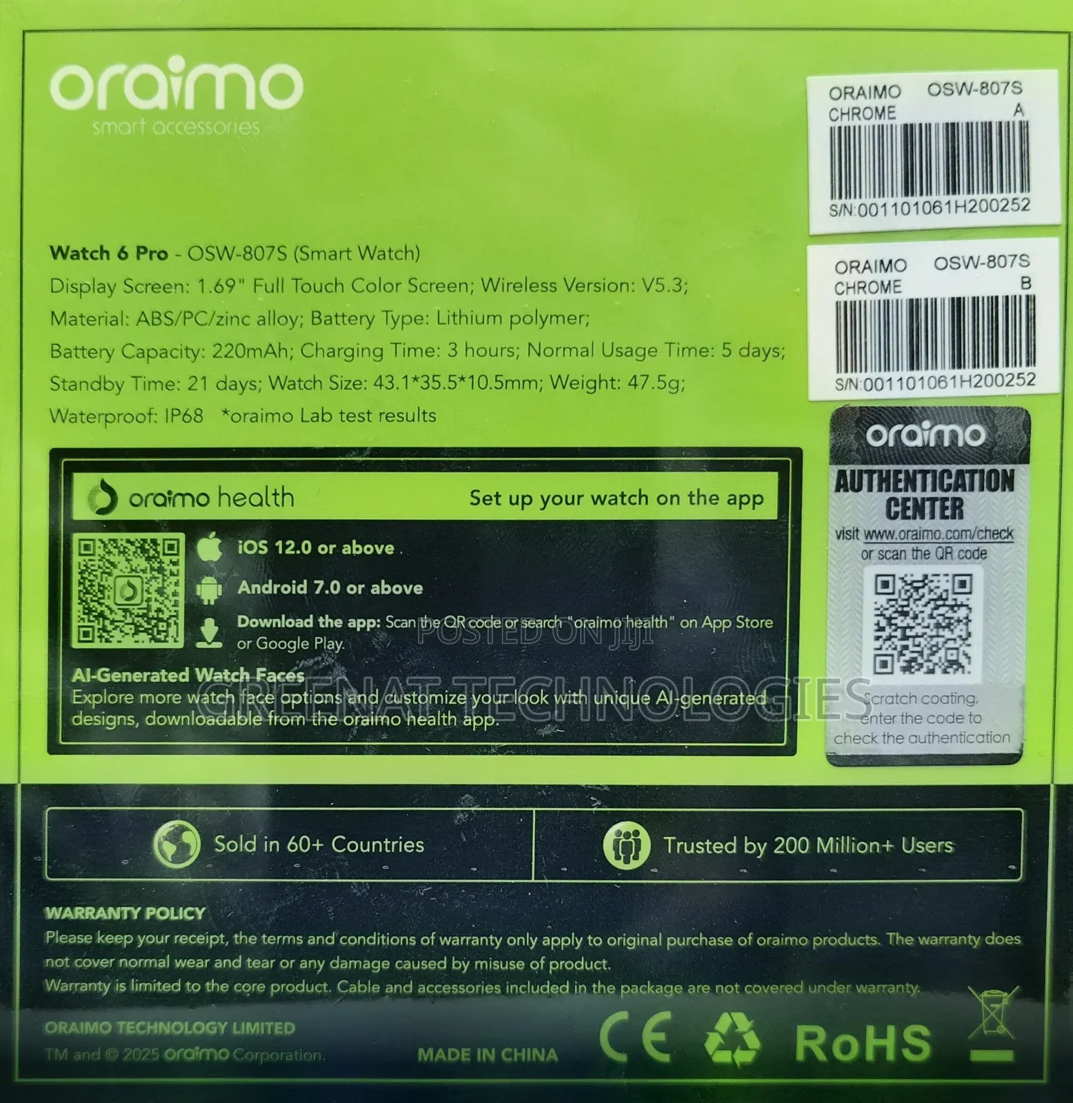 Oraimo Watch 6 Pro OSW-807S - 1.69" HD Smart Watch + Extra Strap