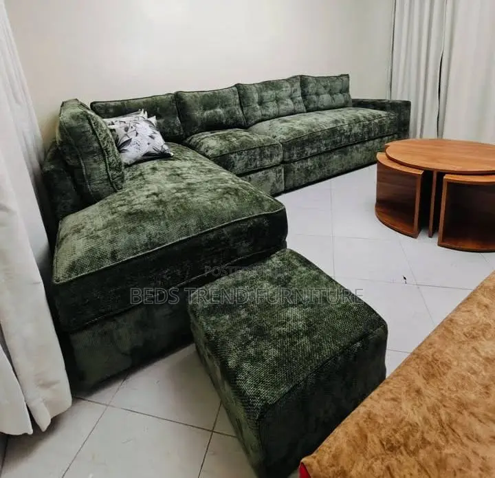 6-Seater L Seat Dark Green Velvet Sofa With Footrest