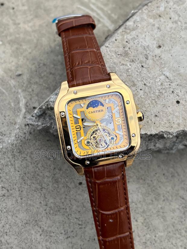 Cartier Mechanical Watch. Quality Leather Strap. Luminous Pointers.