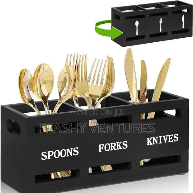 3 Compartment Cutlerly Wooden Organizer Black