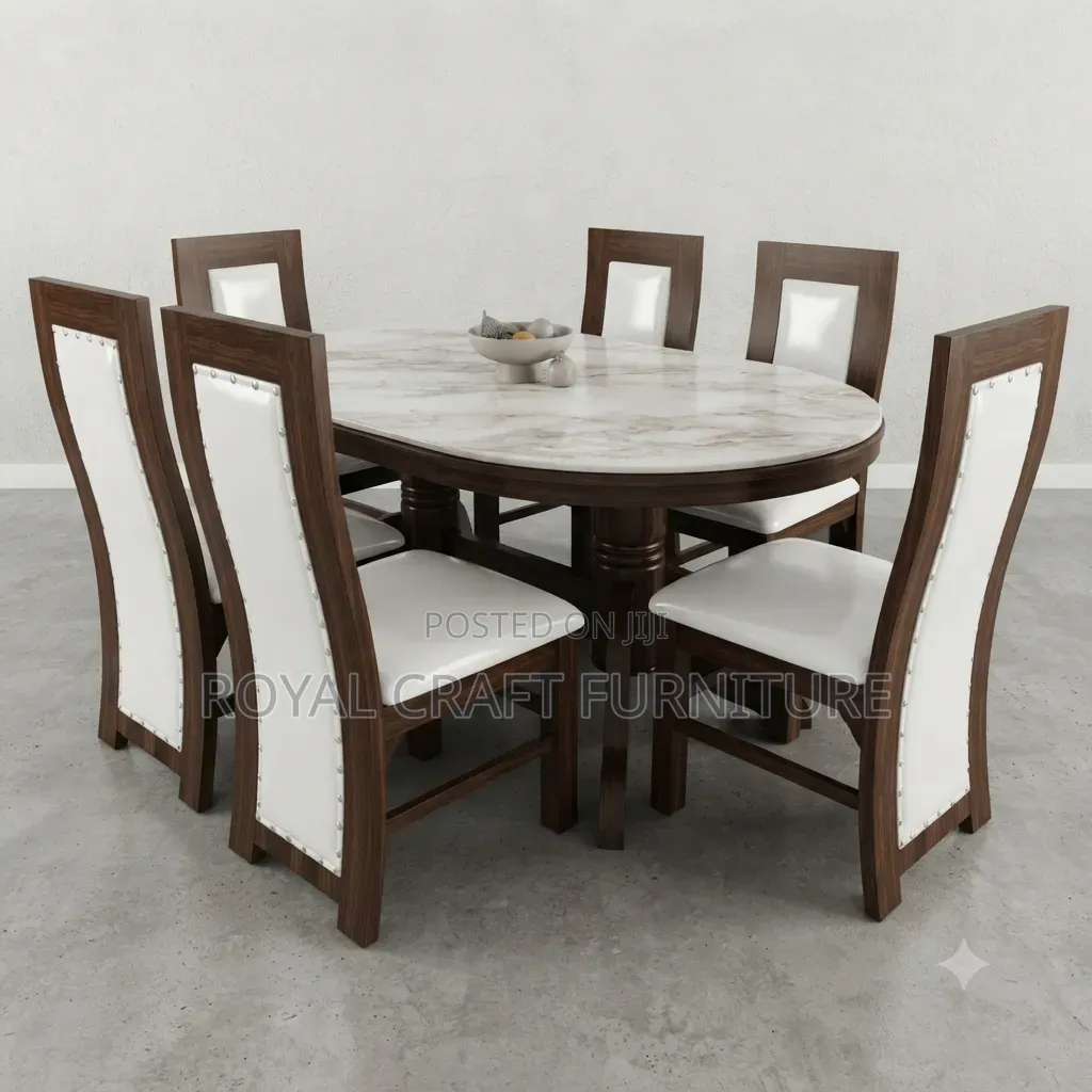 Elegant Oval Marble Dining Suite - Mahogany Tufted Fabric