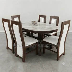 Elegant Oval Marble Dining Suite - Mahogany Tufted Fabric