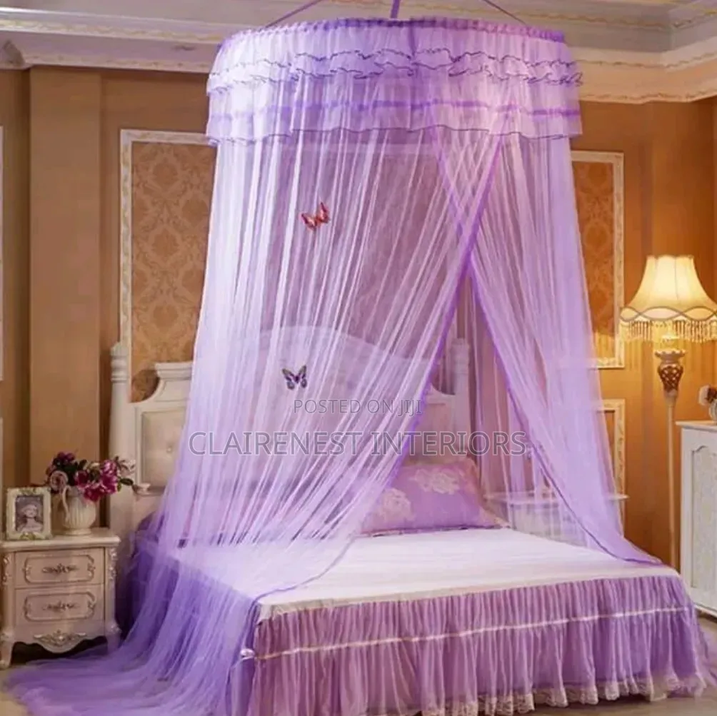 Purple and White, KING Size Beds, Round Mosquito Nets