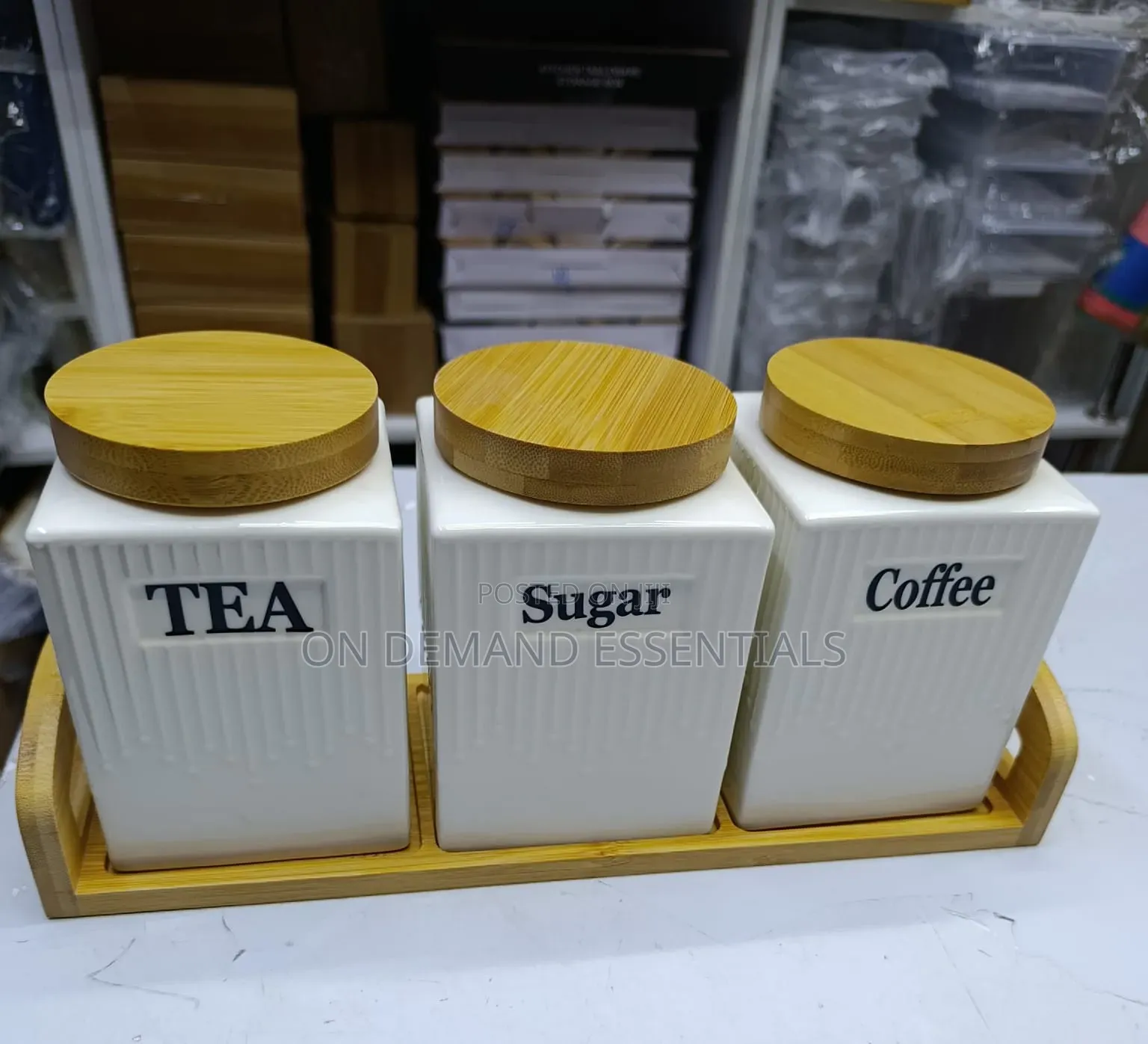3pc Ceramic Canister Set With Bamboo Lids and Place On