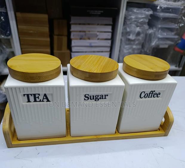 3pc Ceramic Canister Set With Bamboo Lids and Place On