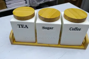 3pc Ceramic Canister Set With Bamboo Lids and Place On