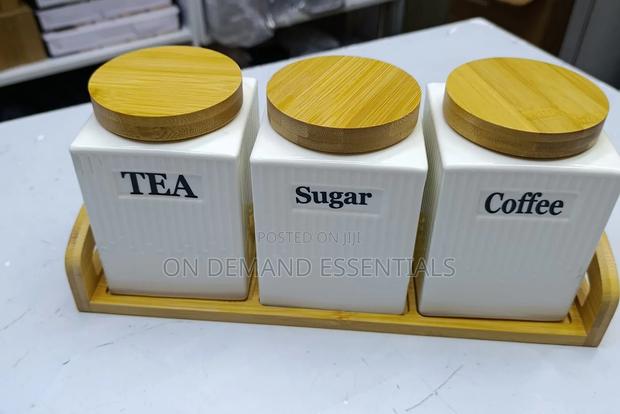 3pc Ceramic Canister Set With Bamboo Lids and Place On - thumbnail 2
