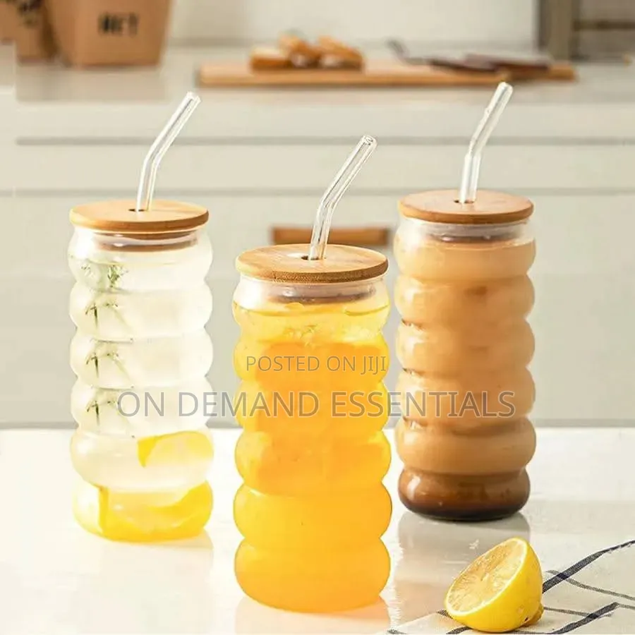Borosilicate Ripple Wave Glass Cup With Bamboo Lid