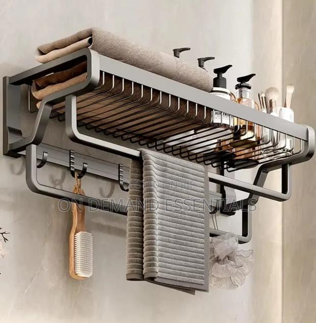 Double Layer Bathroom Wall Mounted Towel Rack Accessory With Hooks - thumbnail 5