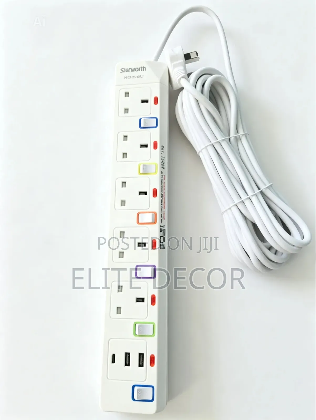 6-Way Extension Cable 10M With USB Ports – Heavy Duty Surge Protector