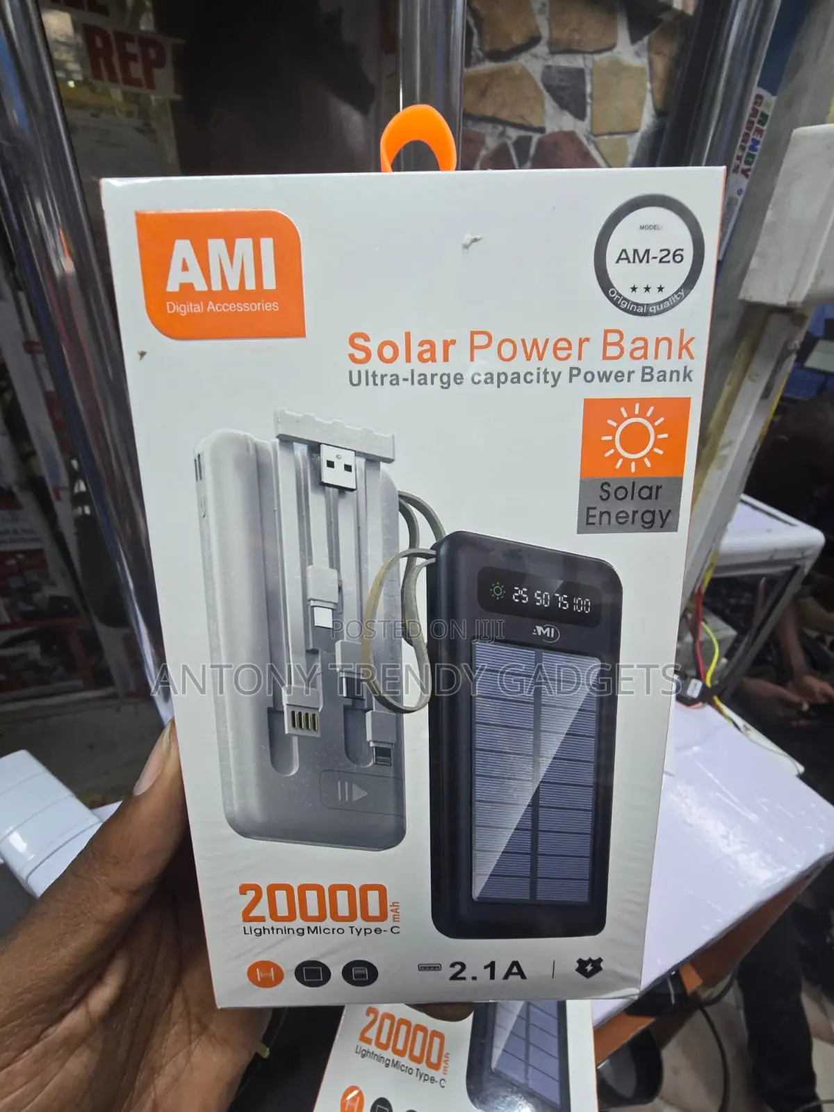 AMI AM-26 Solar Power Bank With LED Display USB Cables