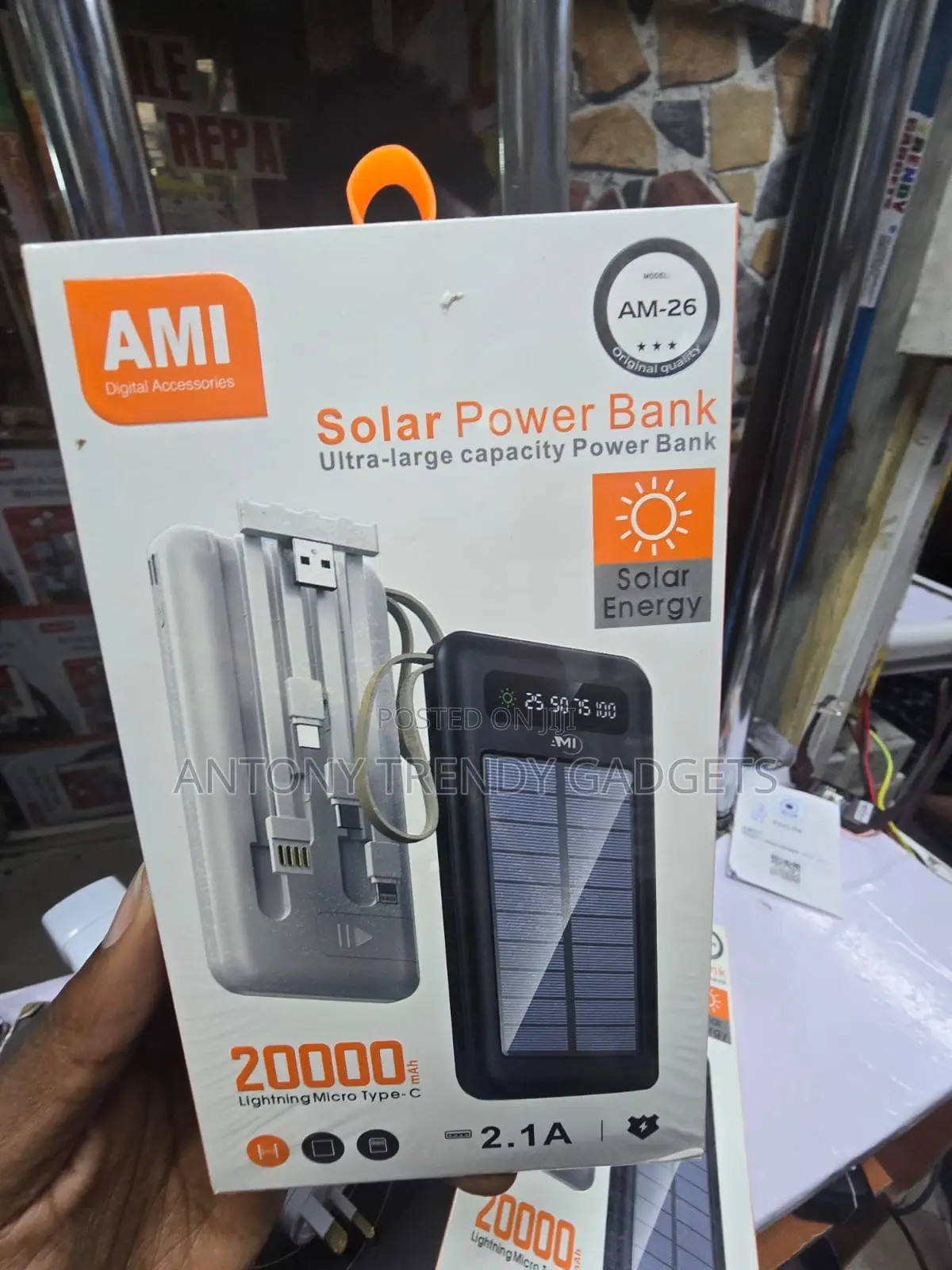 AMI AM-26 Solar Power Bank With LED Display USB Cables