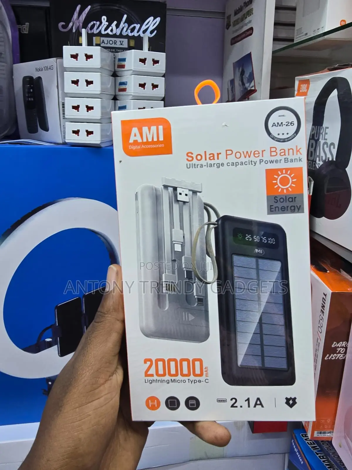 AMI 20000mAh Fast Charging Solar Power Bank With Cables