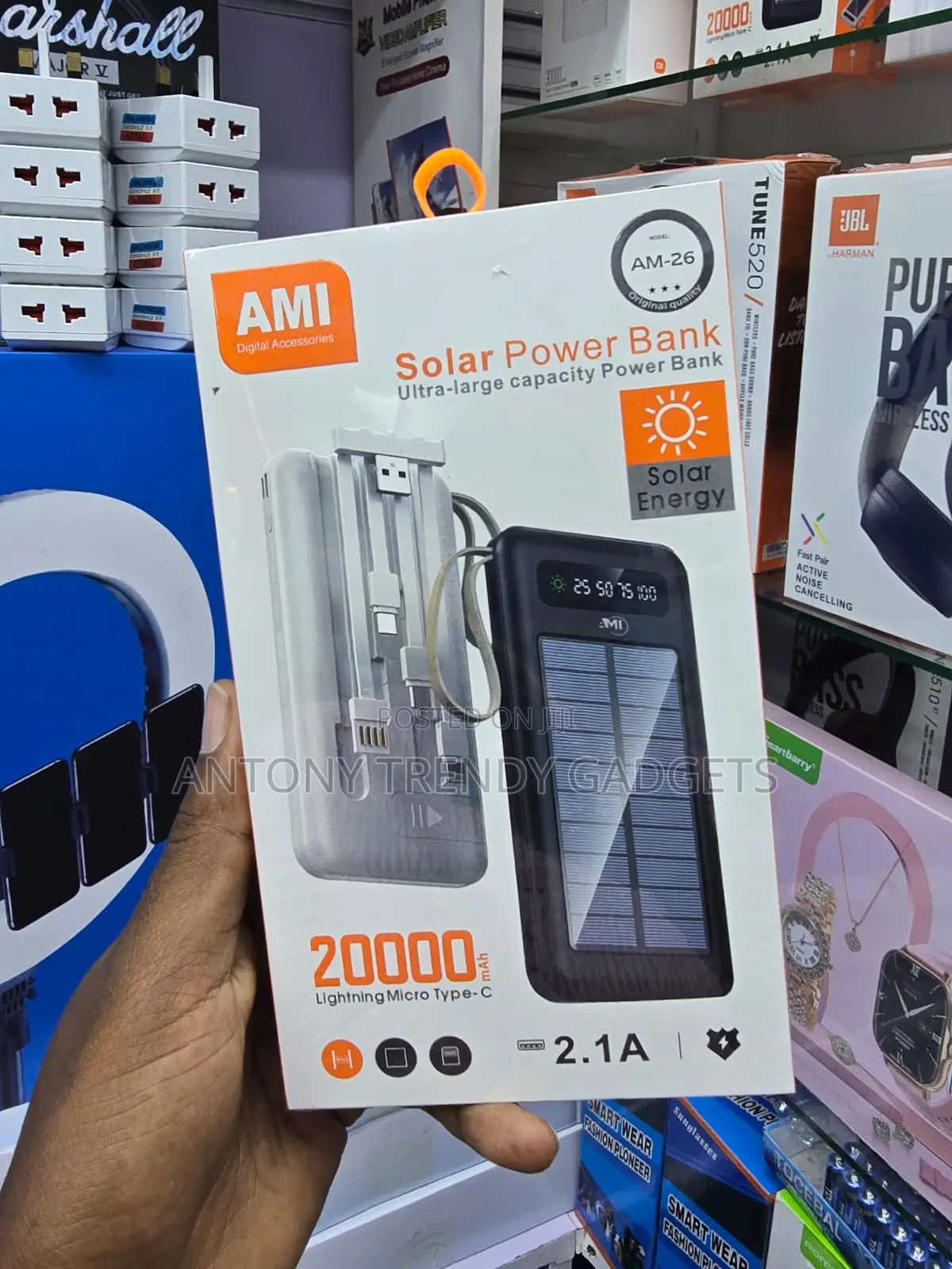 AMI 20000mAh Fast Charging Solar Power Bank With Cables