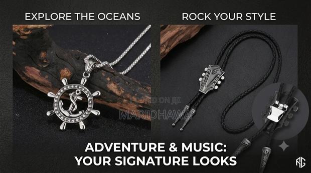 Men's Guitar Headstock Bolo Tie Ship Wheel Anchor Pendant Set