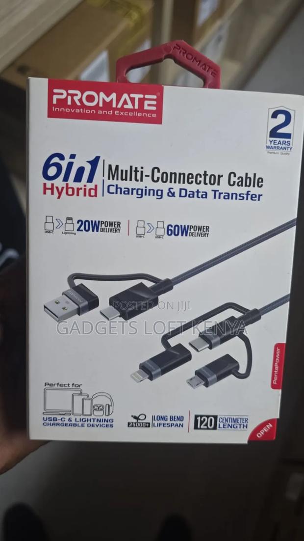 Promate PENTAPOWER 6-in-1 60W Hybrid Multi Connector Cable