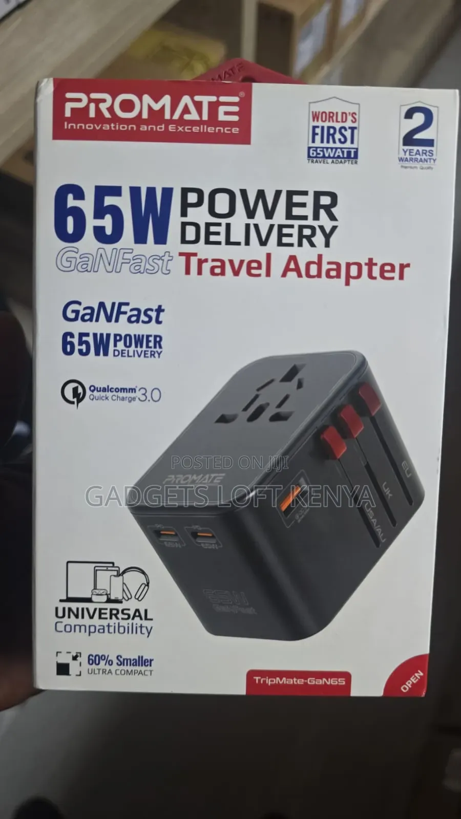 Promate Tripmate -GAN 65W Power Travel Adapter