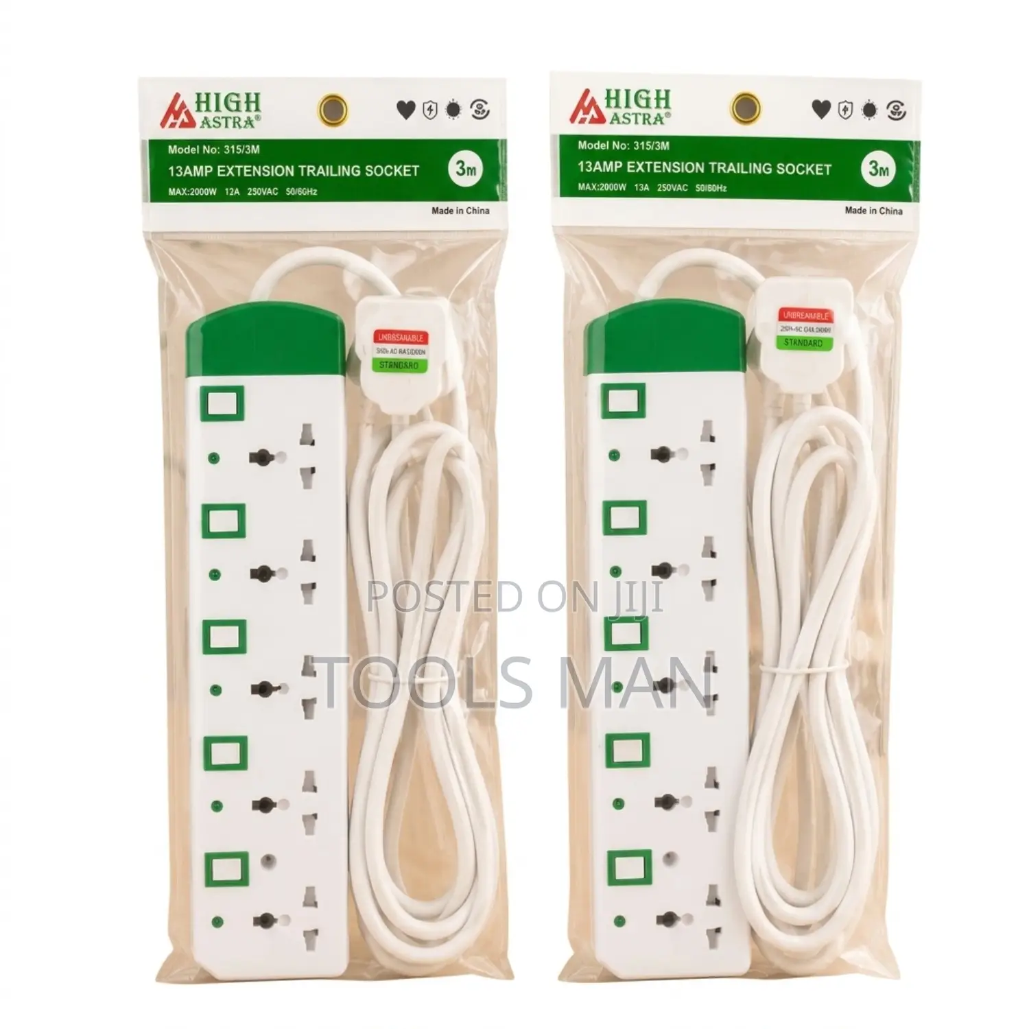 High Astra 5 Way Extension Cable Power Socket Strip 3M - 315/3m