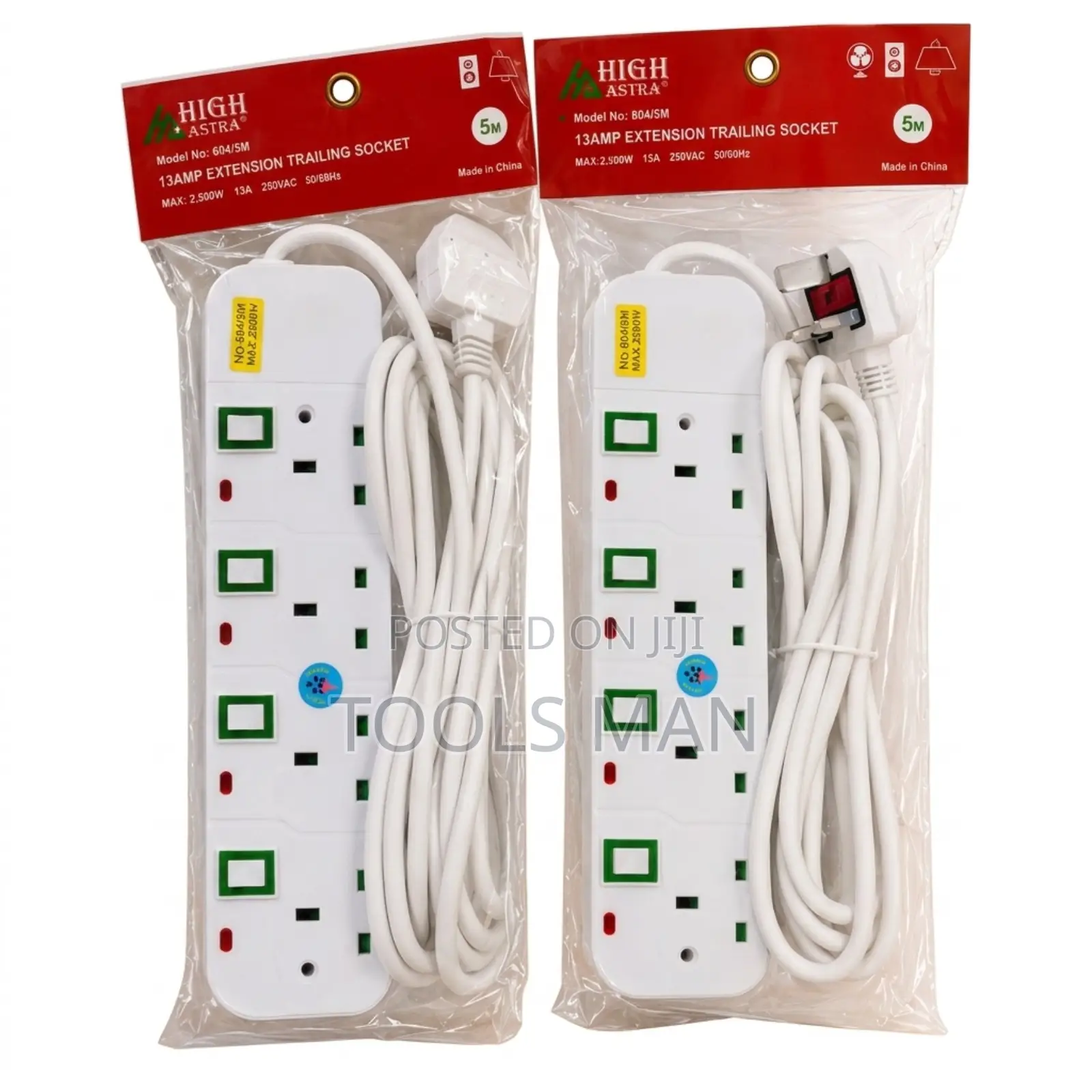 High Astra 4-Way Extension Socket Cable 5 Metres 2500W