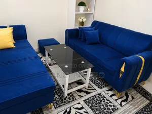 Royal Blue 6-Seater Velvet Sofa + Ottoman
