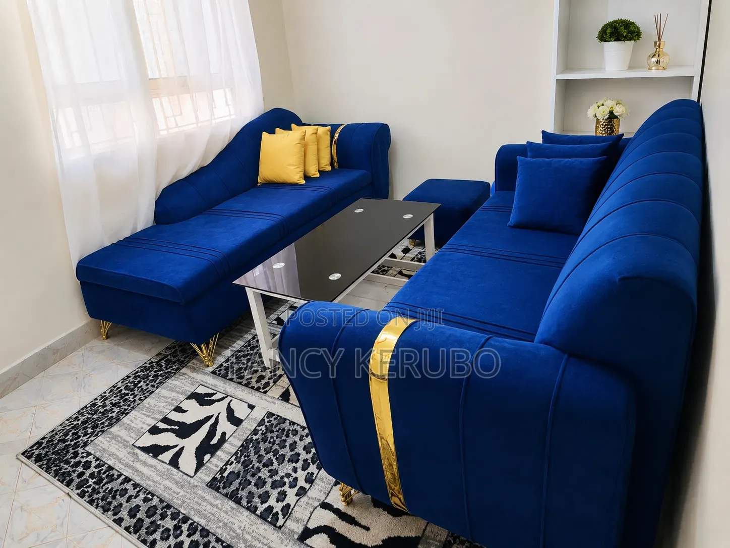 Royal Blue 6-Seater Velvet Sofa + Ottoman