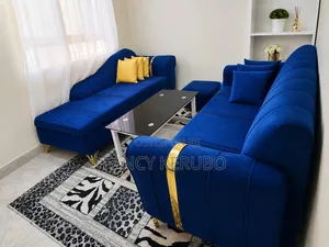 Royal Blue 6-Seater Velvet Sofa + Ottoman
