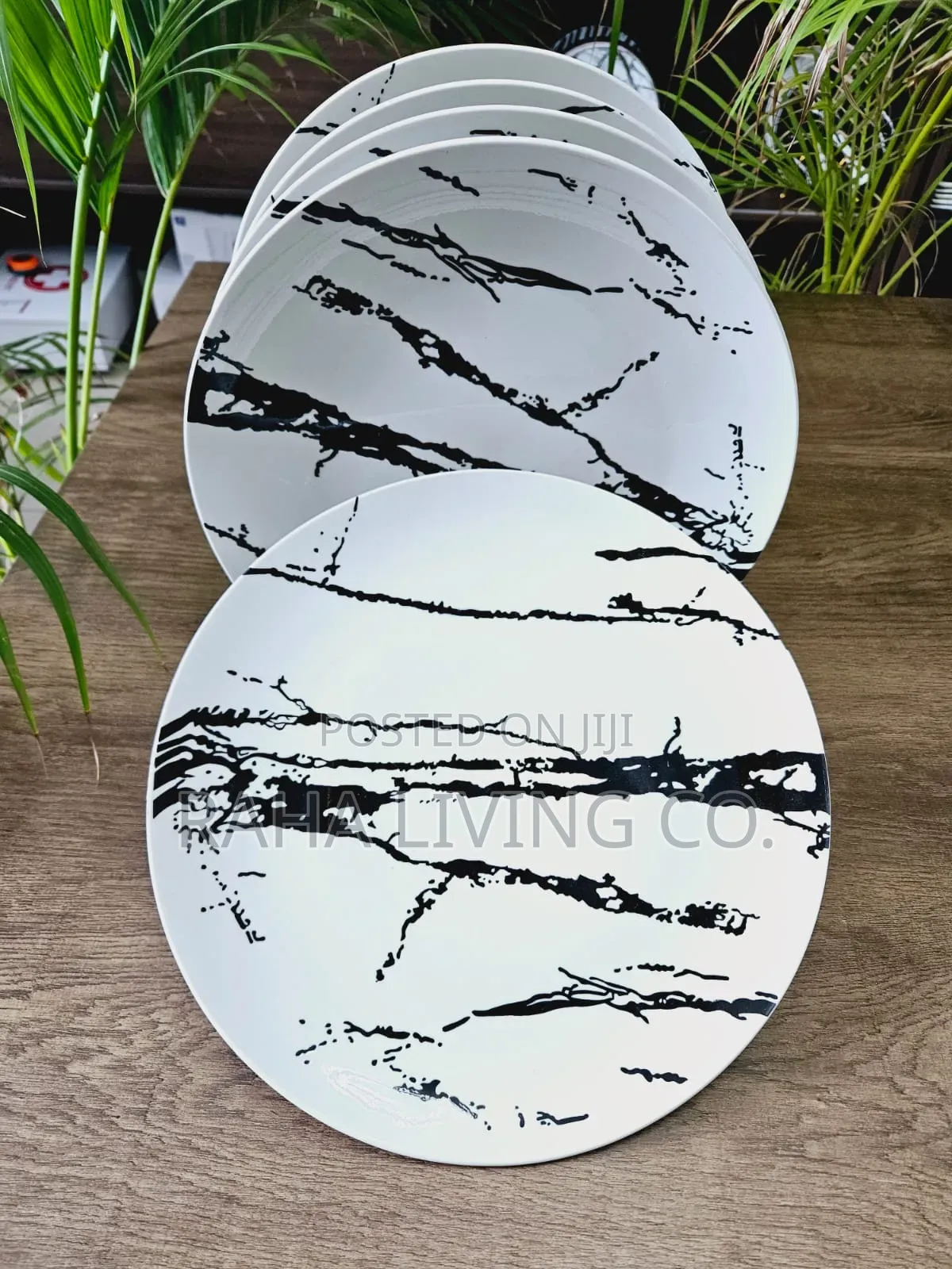 6pc Black White Marble Tree Ceramic Plate Set | Gold Stand