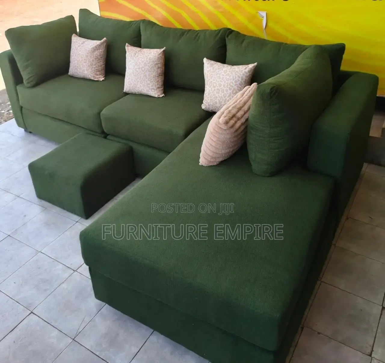 6 Seater L‐Shaped Green Sofa Cushioned Back With Footrest